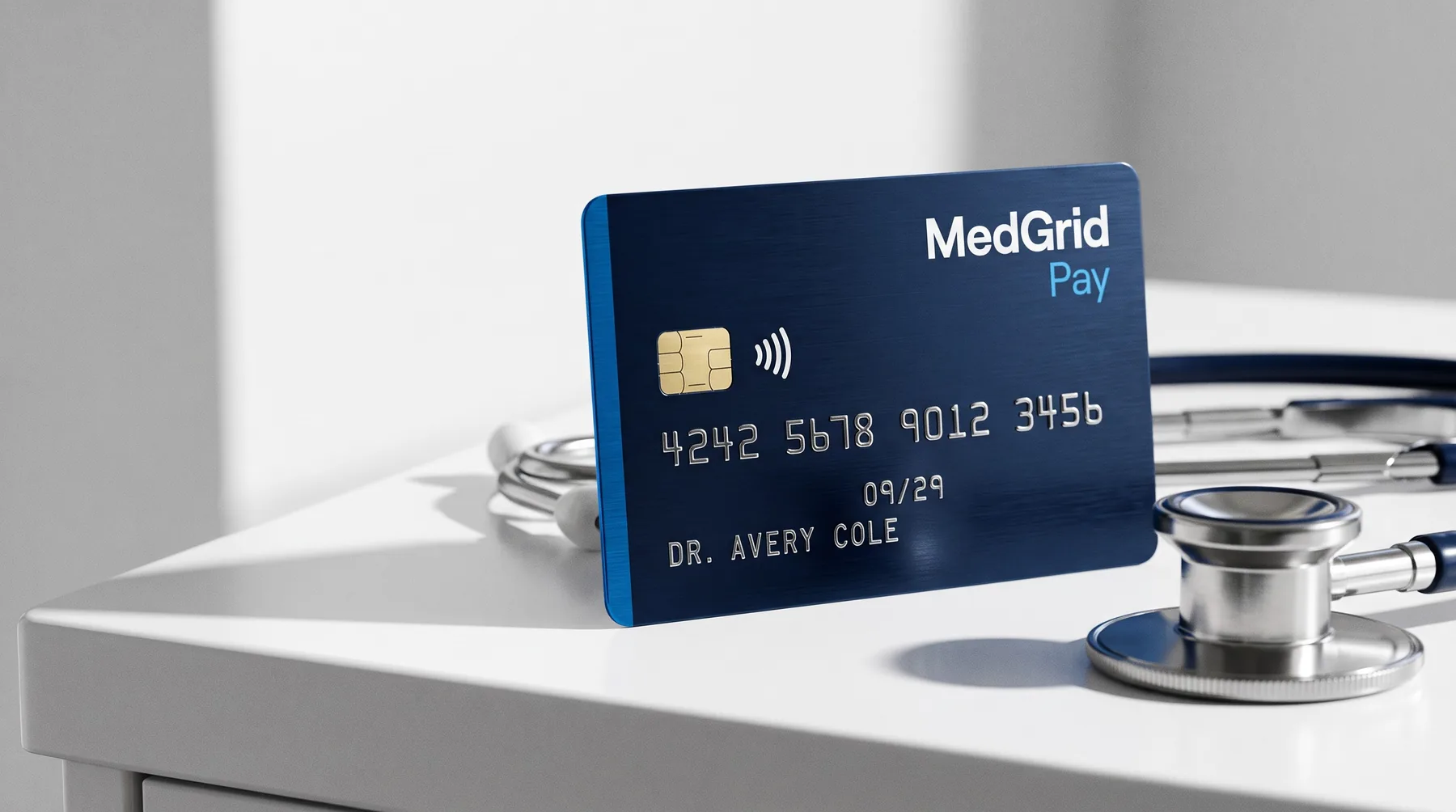 The MedGrid Pay card on a clinic desk