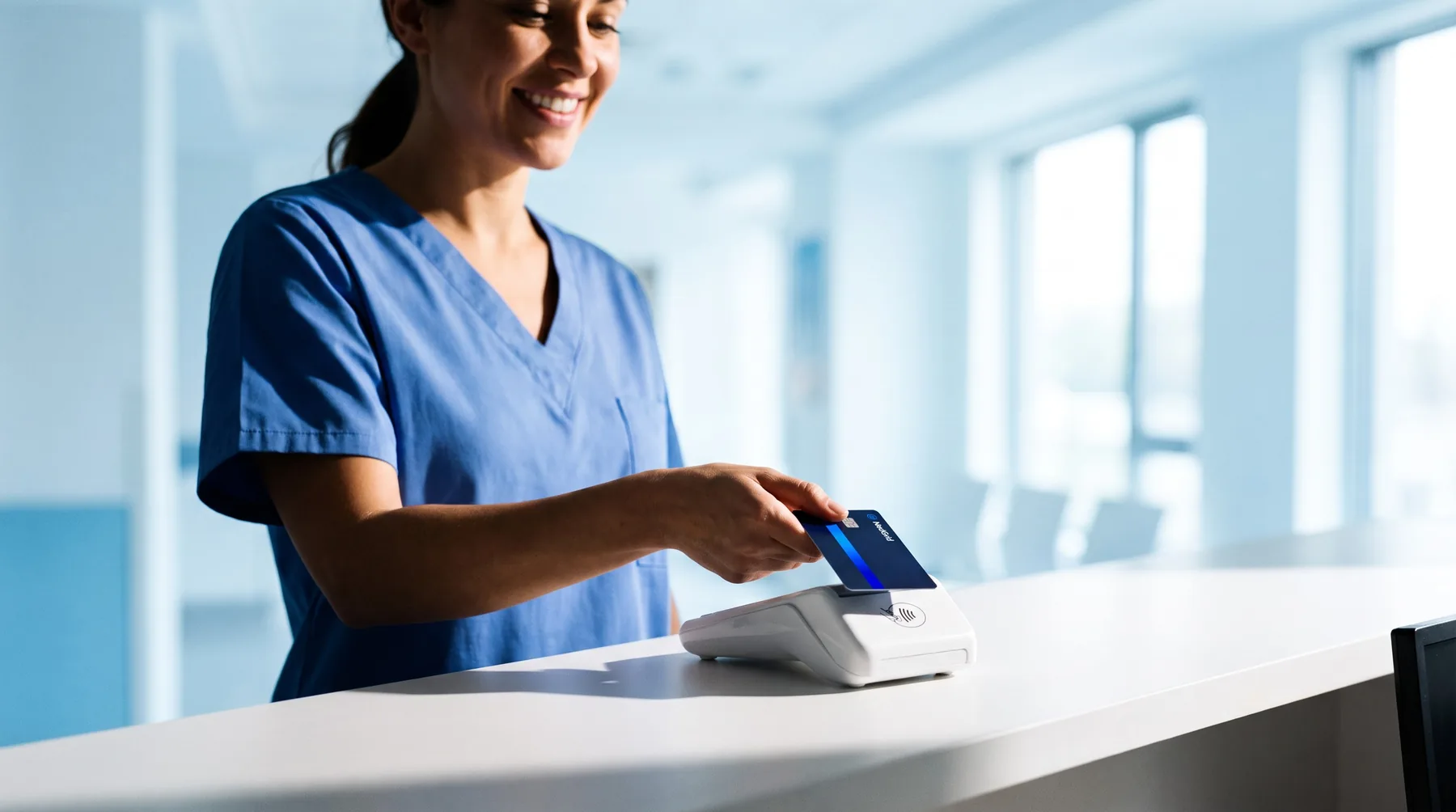 A clinic administrator taps a MedGrid Pay card on a terminal