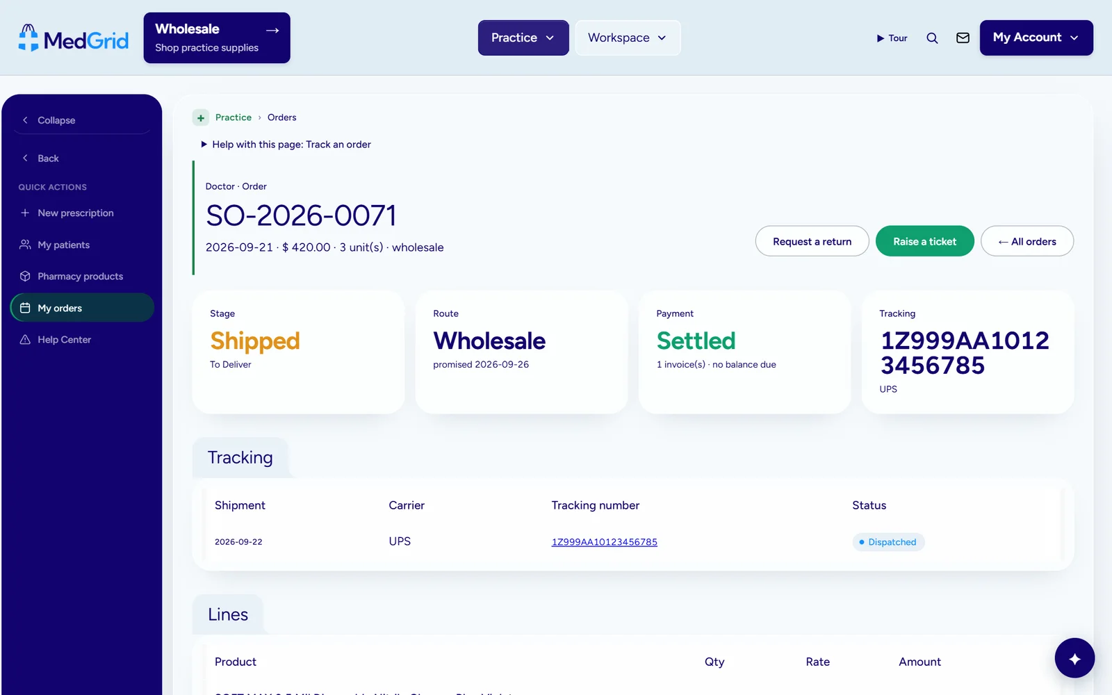 An order with its stage, payment and carrier tracking number