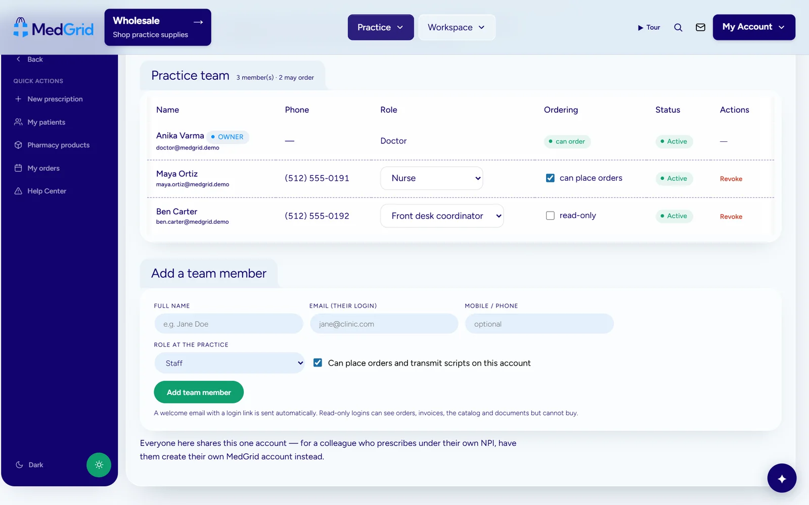 Practice team: staff logins with roles and an ordering switch