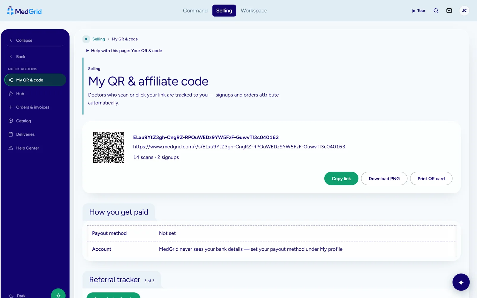 My QR and affiliate code, with scans and sign-ups
