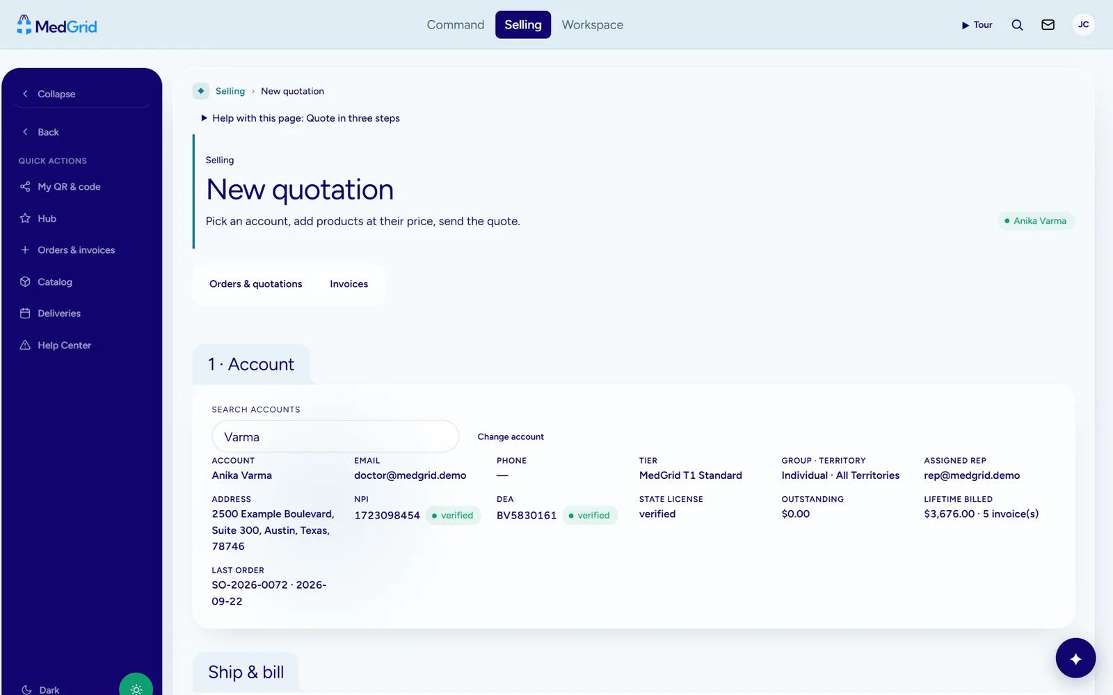 New quotation with the practice account selected