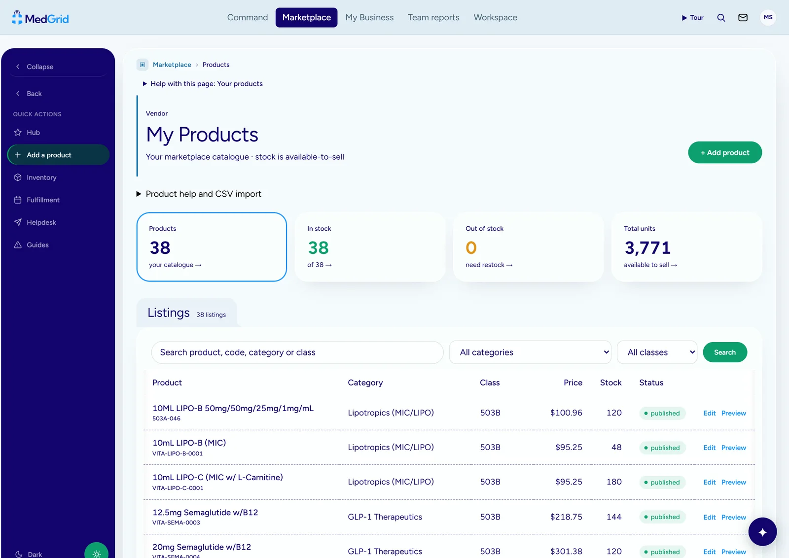 My Products: the vendor's catalogue with class, price, stock and publish status